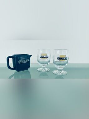 2 Original Vintage French Ricard Glasses & Blue Ceramic Pitcher.